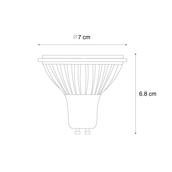 Maßzeichnung eines Leuchtmittels mit einem Durchmesser von 7 Zentimetern und einer Höhe von 6,8 Zentimetern.