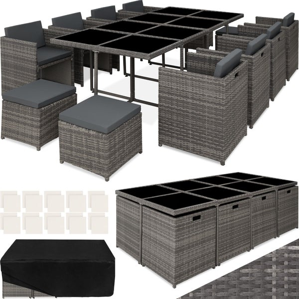 Rattan Sitzgruppe tectake New Orleans 2 Bezugssets, zusammenschiebbar, inklusive Schutzhülle mit Aluminiumgestell grau