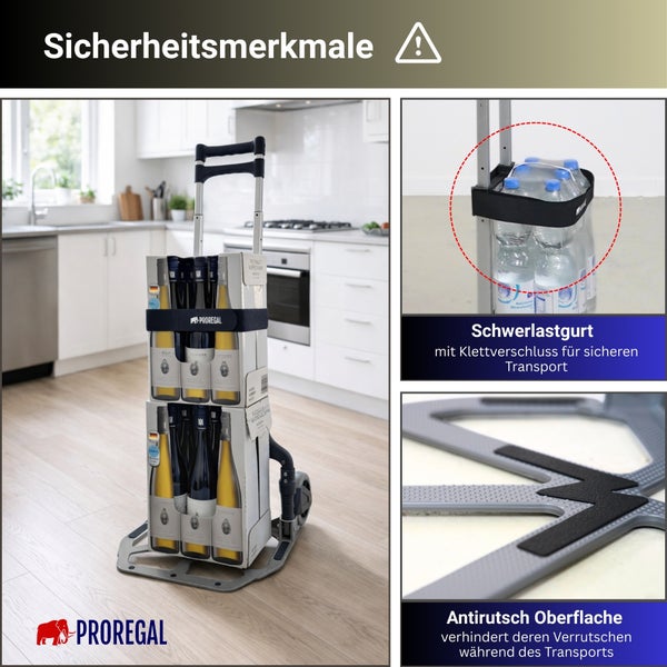 Proregal Sackkarre mit Sicherheitsmerkmalen: Schwerlastgurt mit Klettverschluss und Antirutsch-Oberfläche für stabilen Transport von Getränkekisten.