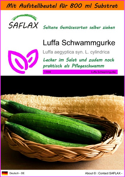 SAFLAX Garden in the bag - Luffa Schwammgurke - Luffa aegyptica syn. L. cylindrica - 10 Samen - Mit Anzuchtsubstrat im praktischen, selbst aufstellenden Beutel