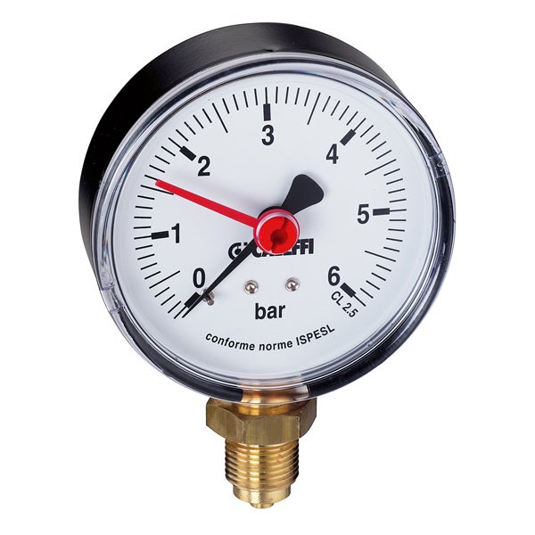 Caleffi Manometer mit radialem Anschluss unten, Messbereich null bis sechs bar, weißes Zifferblatt und schwarzes Gehäuse.