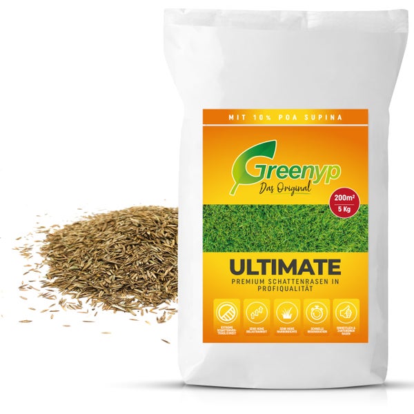 Greenyp Ultimate I Premium Schattenrasen mit 10% Poa Supina I 5 kg für 200m² I Nachsaat Grassamen Rasensamen Rasensaat Gras für schattige Plätze