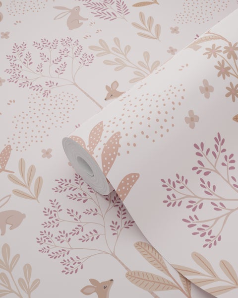 Tapete mit Hasen-, Reh-, Blätter- und Blumenmuster