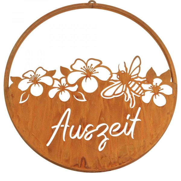 Dekorative Gartendeko aus Metall mit Auszeit Schriftzug, Blumen und einer Biene