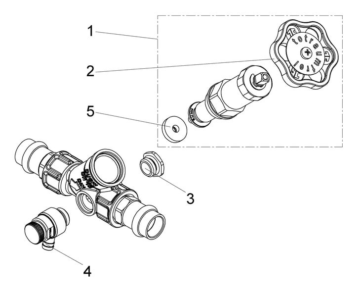 Explosionszeichnung einer Armatur mit nummerierten Einzelteilen wie Handrad, Ventiloberteil, Verschlussstopfen und Entleerventil.