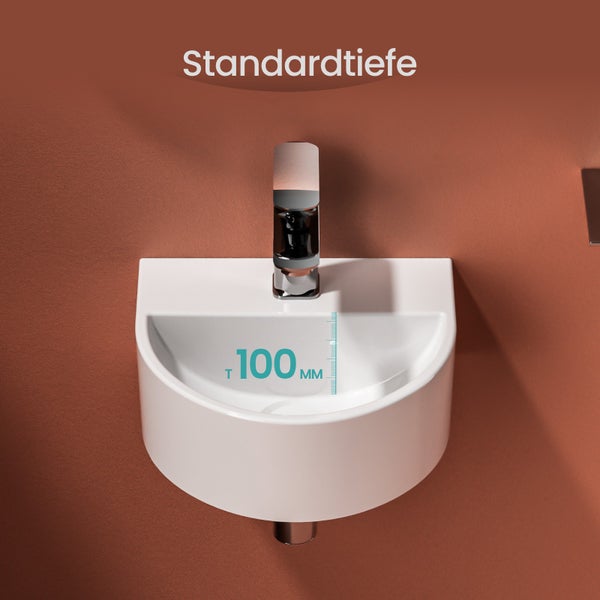 EMKE U-förmiges Handwaschbecken 303 x 255 mm, Keramik, Glänzend Weiß, Wandwaschbecken, mit Wasserhahnbohrung, für Badezimmer und Gäste-WC, Höhe: 12 cm