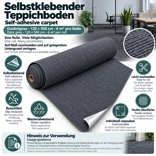 Selbstklebender Teppichboden auf der Rolle, 120 mal 500 Zentimeter, sechs Quadratmeter, für Bodenbeläge in Wohn- und Gewerberäumen geeignet.