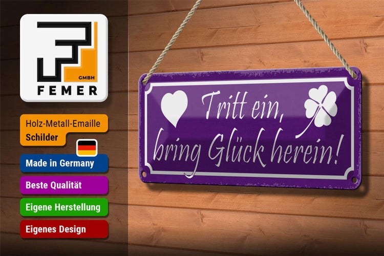Blechschild Spruch 27x10cm Tritt ein bring Glück herein Dekoration