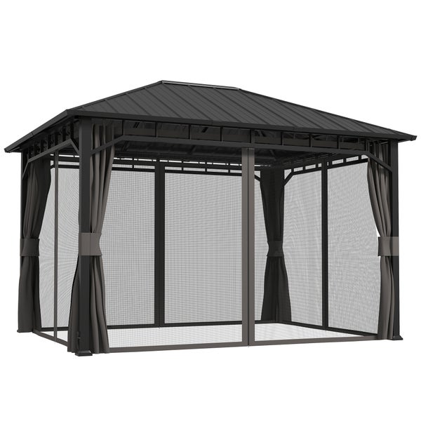 Outsunny Pavillon 4x3 m Wasserdicht Stabil Winterfest Gartenpavillon mit Seitenteile, Wasserrinnen, Moskitonetz, Haken Garten-Pavillon aus verzinktem Metall, Partyzelt für Garten, Terrasse, Dunkelgrau
