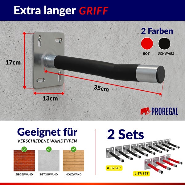 Proregal Wandhalterung mit extra langem Griff für verschiedene Wandtypen, Maße 35 Zentimeter mal 17 Zentimeter mal 13 Zentimeter, Set Auswahl.