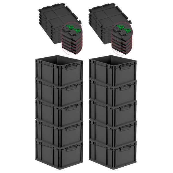 PROREGAL SuperSparSet 10x Eurobox NextGen Grip mit Scharnierdeckel und grünen Schiebeschnappverschlüssen, HxBxT 22x30x40cm, 20 Liter, Schwarz, Griffe geschlossen, Eurobehälter, Transportbox, Transportbehälter, Stapelbehälter