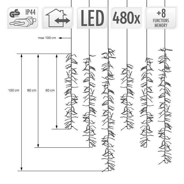 ECD Germany LED Lichterkette Lichtervorhang mit 480 LEDs, Warmweiß, Lichternetz mit 8 Modi + Timer, 6 Strängen, Innen- und Außenbereich IP44, strombetrieben, Weihnachtsbeleuchtung Eiszapfen Eisregen