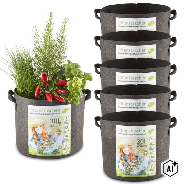 Set aus sechs Pflanztaschen aus Vlies mit 30 Litern Volumen für ein gesundes Pflanzenwachstum.
