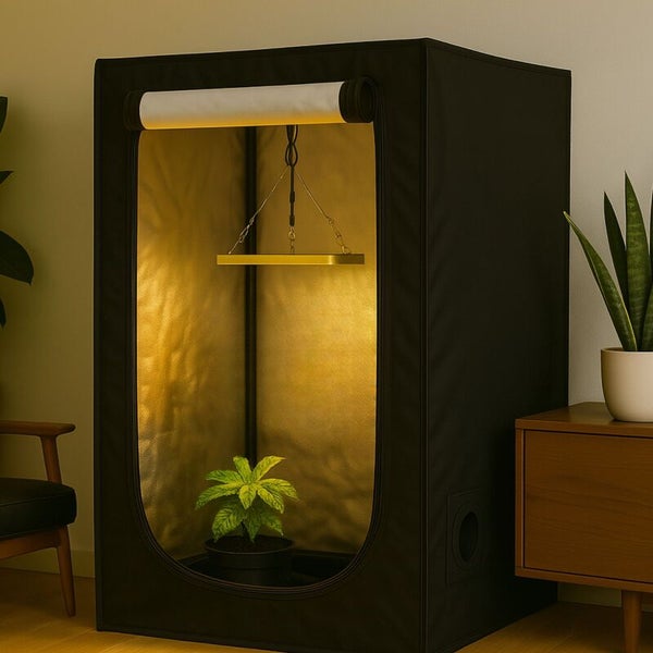 Schwarzes Pflanzzelt mit reflektierender Innenseite, Wachstumslampe und kleiner Pflanze im Topf, aufgestellt neben einer Kommode aus Holz.
