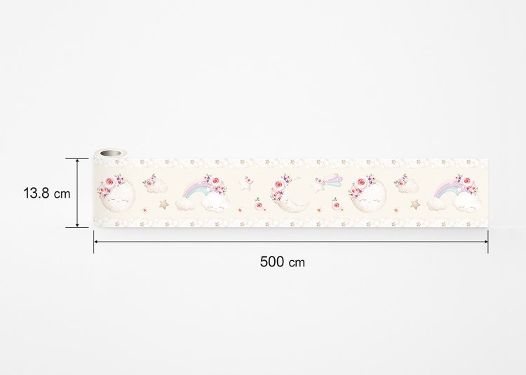 Selbstklebende Bordüre für das Kinderzimmer mit Motiven von schlafenden Monden, Regenbögen und Wolken. Höhe 13.8 Zentimeter, Länge 500 Zentimeter.
