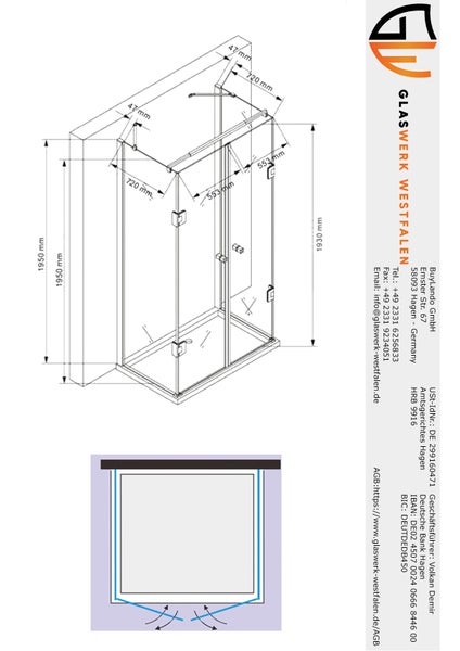 Technische Zeichnung einer Duschkabine mit Maßen.