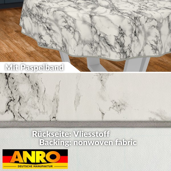 Tischdecke mit Marmoroptik und Paspelband sowie ANRO Logo