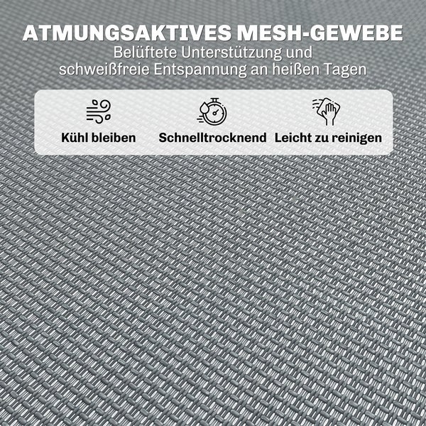 Nahaufnahme eines atmungsaktiven Mesh-Gewebes mit Hinweisen auf kühlende Eigenschaften, schnelle Trocknung und einfache Reinigung.