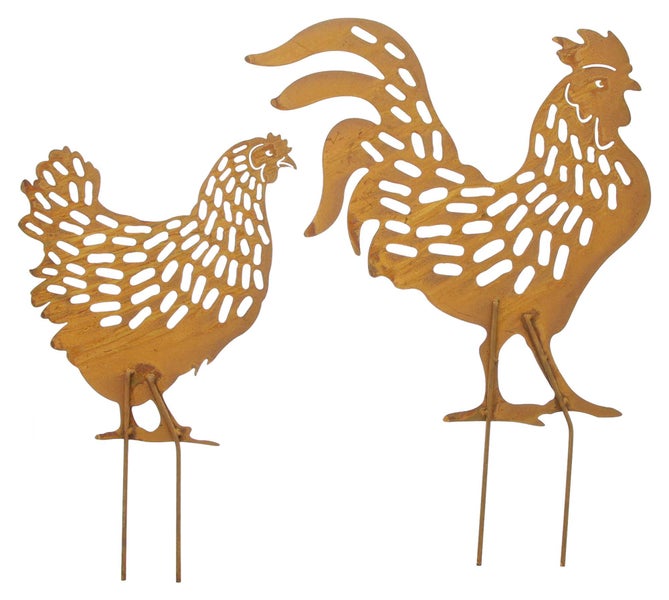 FRANK FLECHTWAREN | Gartenstecker Hahn & Huhn, 2er Set, METALL, 25,5 x 0,5 x 38 cm, 35 x 0,5 x 45,5 cm