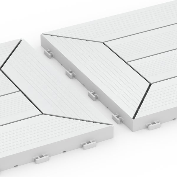 Weiße Klickfliese mit Holzoptik und Stecksystem zur einfachen Verlegung auf Balkon oder Terrasse.