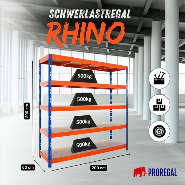 Schwerlastregal Rhino von Proregal, 200 mal 200 mal 60 Zentimeter, Belastbarkeit 500 Kilogramm pro Boden, fünf Ebenen für Werkstatt und Lager.