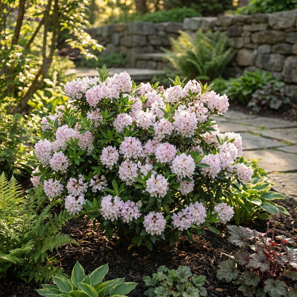 Blühender hellrosa Rhododendronstrauch in einem Gartenbeet mit Mulch vor einer Steinmauer.
