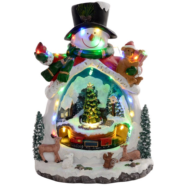 HOMCOM Weihnachtsdorf mit LED-Leuchtung, 24 cm Weihnachtsstadt mit Musik, Schneemann, Weihnachtsbaum und beweglicher Zug, Winterlandschaft für Weihnachten, Mehrfarbig