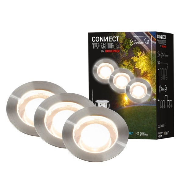 Briloner Connect to Shine LED-Bodeneinbaustrahler Erweiterungsset, 3er-Pack, Edelstahl, rund, warmweißes Licht und Verpackung mit Briloner Logo.