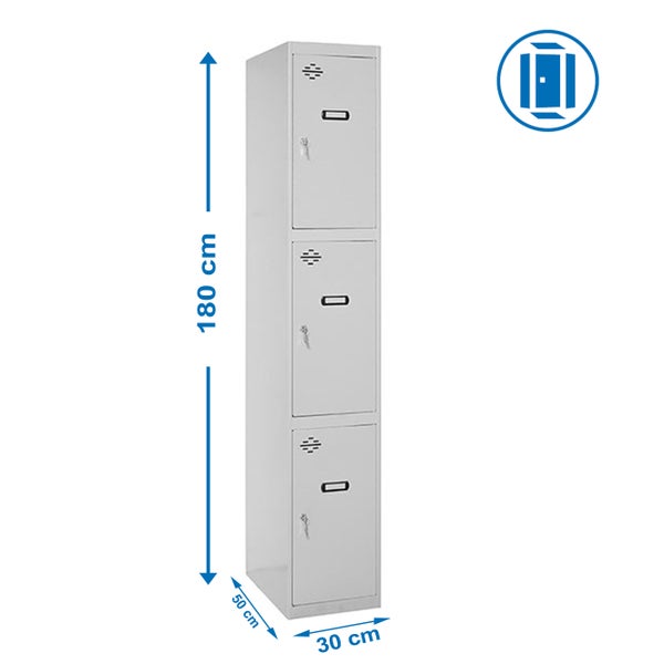 Stahlschrank mit drei Fächern, 180 cm hoch, 30 cm breit und 50 cm tief