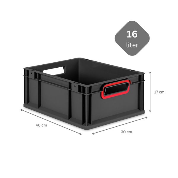 PROREGAL SuperSparSet 10x Eurobox NextGen Color mit Auflagedeckel und Schiebeschnappverschlüsse, HxBxT 17x30x40cm, 16 Liter, Schwarz, Griffe rot offen, Eurobehälter, Transportbox, Transportbehälter, Stapelbehälter