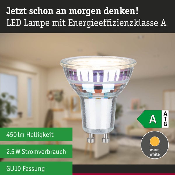 LED-Lampe GU10 mit 450 Lumen Helligkeit, 2,5 Watt Stromverbrauch und Energieeffizienzklasse A. Warmweißes Licht.