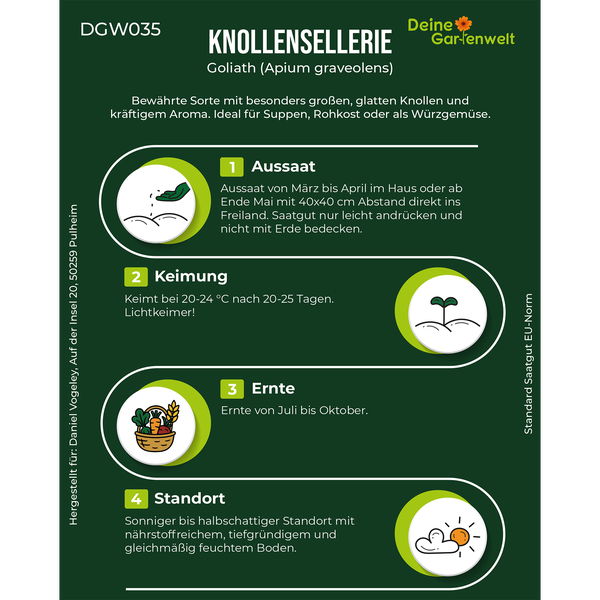 Infografik zum Anbau von Knollensellerie Goliath von Deine Gartenwelt: Informationen zu Aussaat, Keimung, Ernte und Standort.