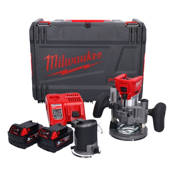 Milwaukee Akku-Oberfräsen-Set mit zwei Akkus, Ladegerät, Zubehör und Transportkoffer.