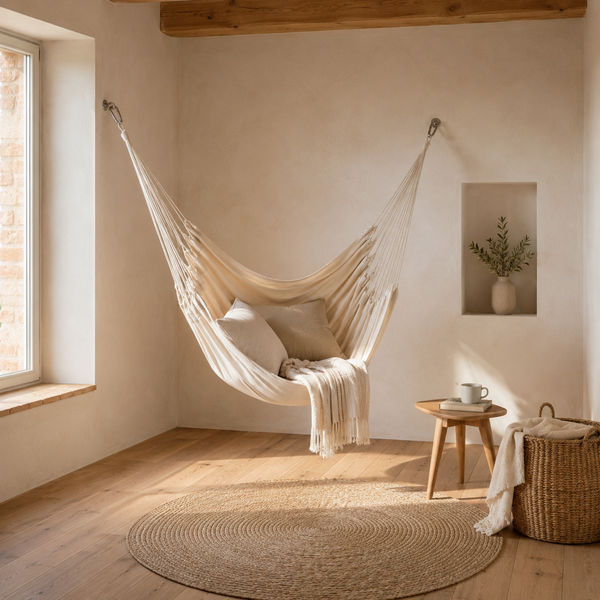 Hängematte aus Baumwolle mit Kissen in einem hellen, organisierten Raum mit Holzboden, rundem Jute-Teppich, Beistelltisch und Flechtkorb.