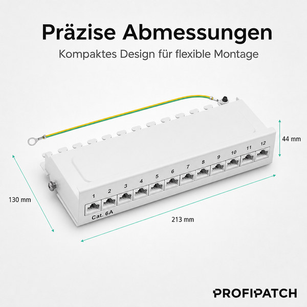Patchpanel mit 12 Ports Kategorie 6A. Maße: Breite 213 Millimeter, Tiefe 130 Millimeter, Höhe 44 Millimeter. Mit Erdungskabel. PROFIPATCH Logo.