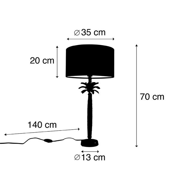 Abbildung einer Tischleuchte mit den Maßen 70 cm Höhe, 35 cm Durchmesser des Lampenschirms, 20 cm Höhe des Lampenschirms, 13 cm Durchmesser des Fußes und 140 cm Länge des Kabels