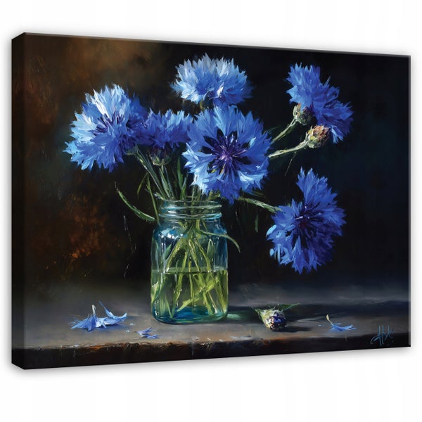 Gemälde mit blauen Kornblumen in einem Glas auf Leinwand