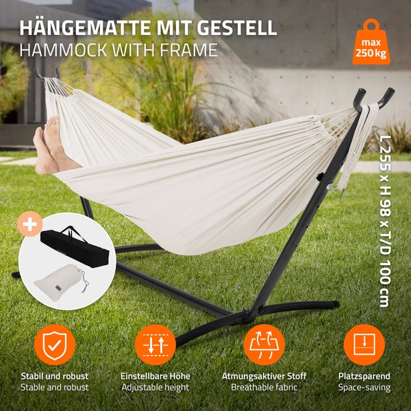 ML-Design Doppel Hängematte mit Stahlgestell, Beige, Platz für 2 Personen, Indoor & Outdoor, XXL Hängesessel mit Tragetasche, Hängemattengestell, Doppelhängematte mit Ständer, für Garten & Balkon