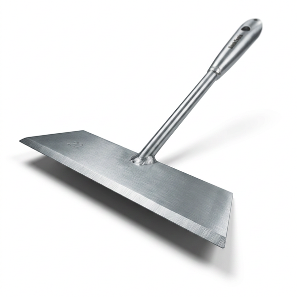 Edelstahl-Stoßscharre mit 20 Zentimeter breiter Klinge und langem Metallstiel für Abbrucharbeiten.