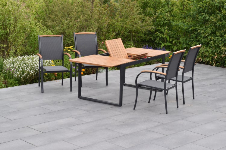 Siena Gartenmöbelset 5tlg., Stapelsessel, Ausziehtisch 150 (200) x 90 cm, graphit/grau