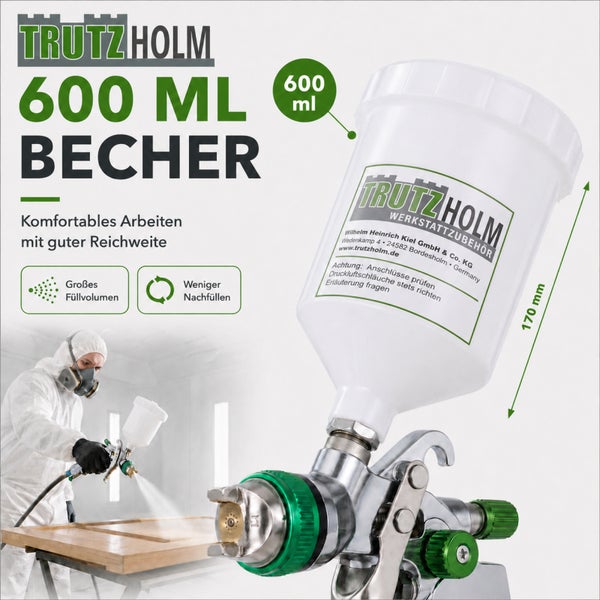 Trutzholm Farbbecher mit 600 Milliliter Volumen für Druckluft Lackierpistole zur Lackierung von Werkstücken in der Werkstatt.