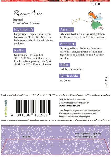 Rückseite der Saatgutpackung für Rosen-Aster mit Anbauhinweisen, Informationen zu Blütezeit und Wuchshöhe sowie Carl Pabst Logo.