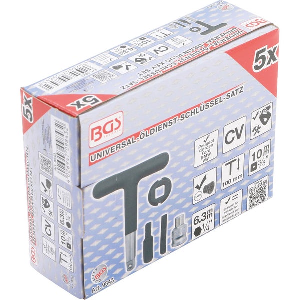 BGS Universal-Öldienst-Schlüssel-Satz für Kunststoff-Ölablassschrauben Antrieb Außensechskant 6,3 mm (1/4) / Abtrieb Außenvierkant 10 mm (3/8) 5tlg. - 9843