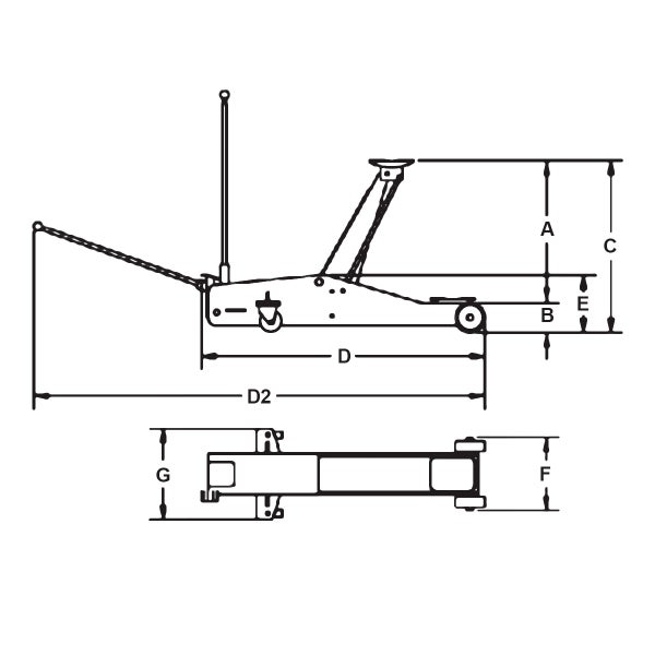 Technische Zeichnung eines Wagenhebers mit Maßangaben