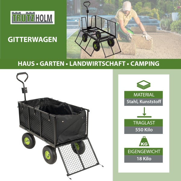 Bollerwagen aus Stahl mit Kunststoffrädern für Haus, Garten, Landwirtschaft und Camping