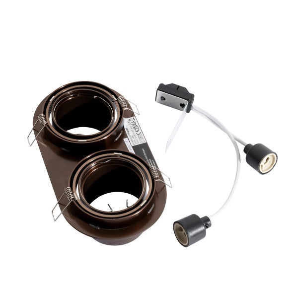 Zweiflammiger Einbaustrahler aus Metall in Bronze mit zwei schwenkbaren Fassungen, Haltefedern und GU10 Anschlusskabeln.