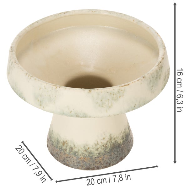 Cremefarbene Dekoschale auf Fuß aus Keramik mit gesprenkeltem Muster, Höhe 16 Zentimeter, Durchmesser 20 Zentimeter.
