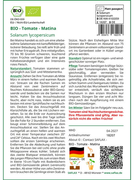 SAFLAX Garden in the bag - BIO - Tomate - Matina - Solanum lycopersicum - 10 Samen - Mit Anzuchtsubstrat im praktischen, selbst aufstellenden Beutel