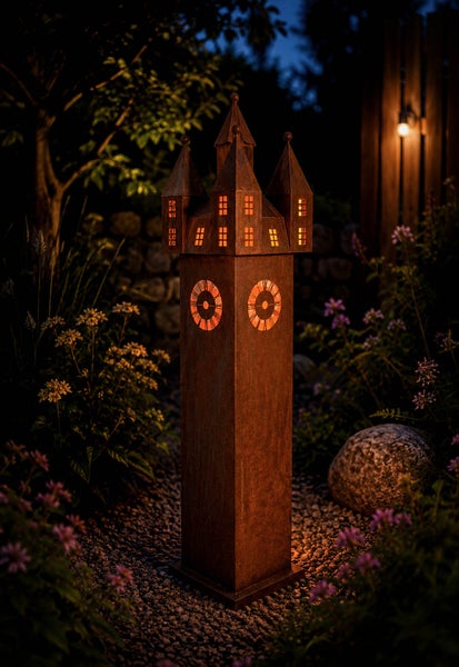 Beleuchtete Gartenstele in Turmform mit Rostoptik und integrierten Fensterausschnitten sowie Zifferblättern als stimmungsvolle Gartenbeleuchtung.