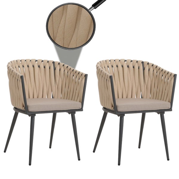 Zwei Armlehnstühle mit Seilbespannung und Metallbeinen